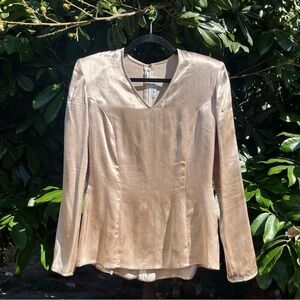 PETER LAI vintage champagne satin padded strong shoulder vneck long sleeve top